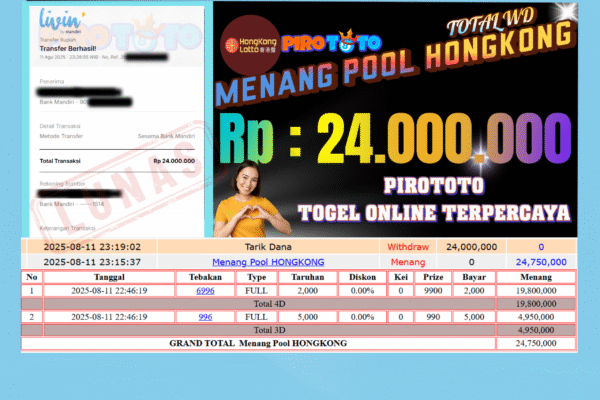 Bukti Kemenangan Permainan Togel Pasaran Hongkonglotto Di Situs PIROTOTO Untuk Akun Tikxxxx